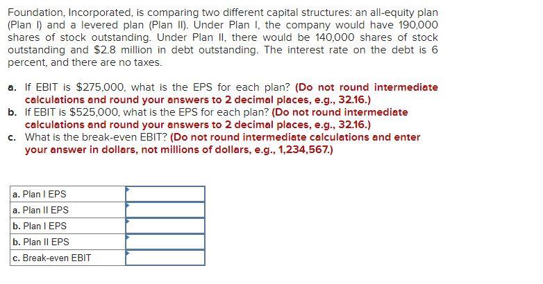  Foundation, Incorporated, is comparing two different capital structures: an all-equity plan