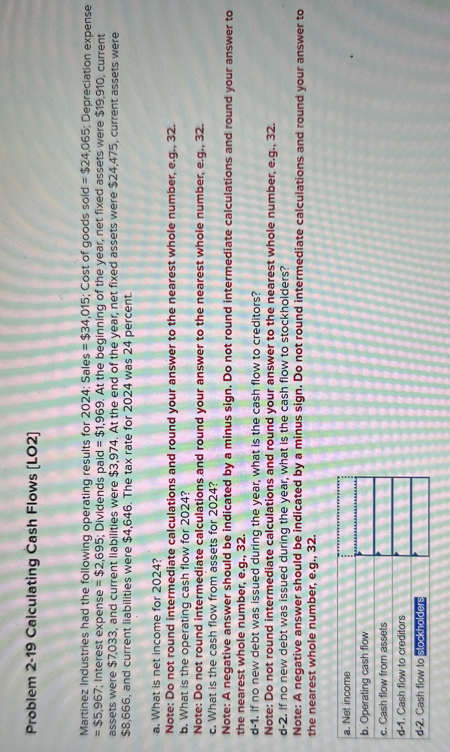  Problem 2-19 Calculating Cash Flows [LO2] Martinez Industries had the following