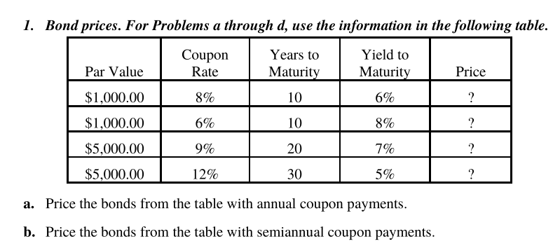  1. Bond prices. For Problems a through d, use the information