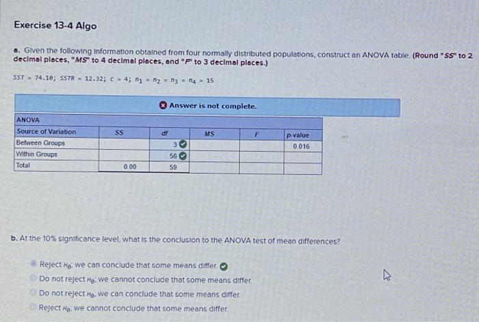  0. Given the following information obtained from four normally distributed populations,