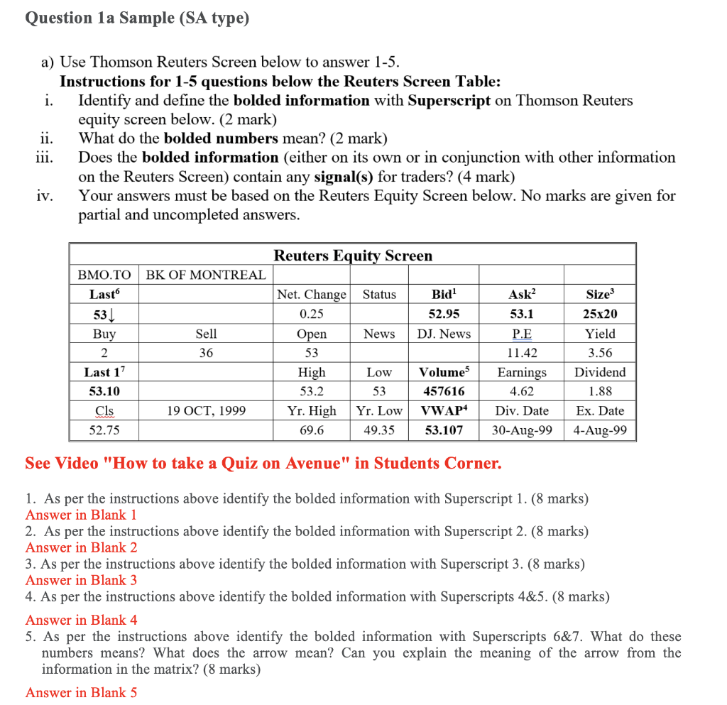 Question 1a Sample (SA type) a) Use Thomson Reuters Screen below
