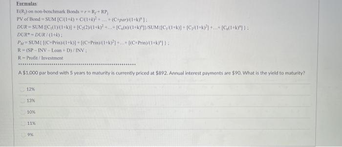 Formulas ERYon non benchmark Bondsr=RRP) PV of Bond = SUM (CI+)+(C