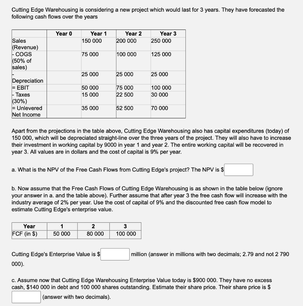 Cutting Edge Warehousing is considering a new project which would last