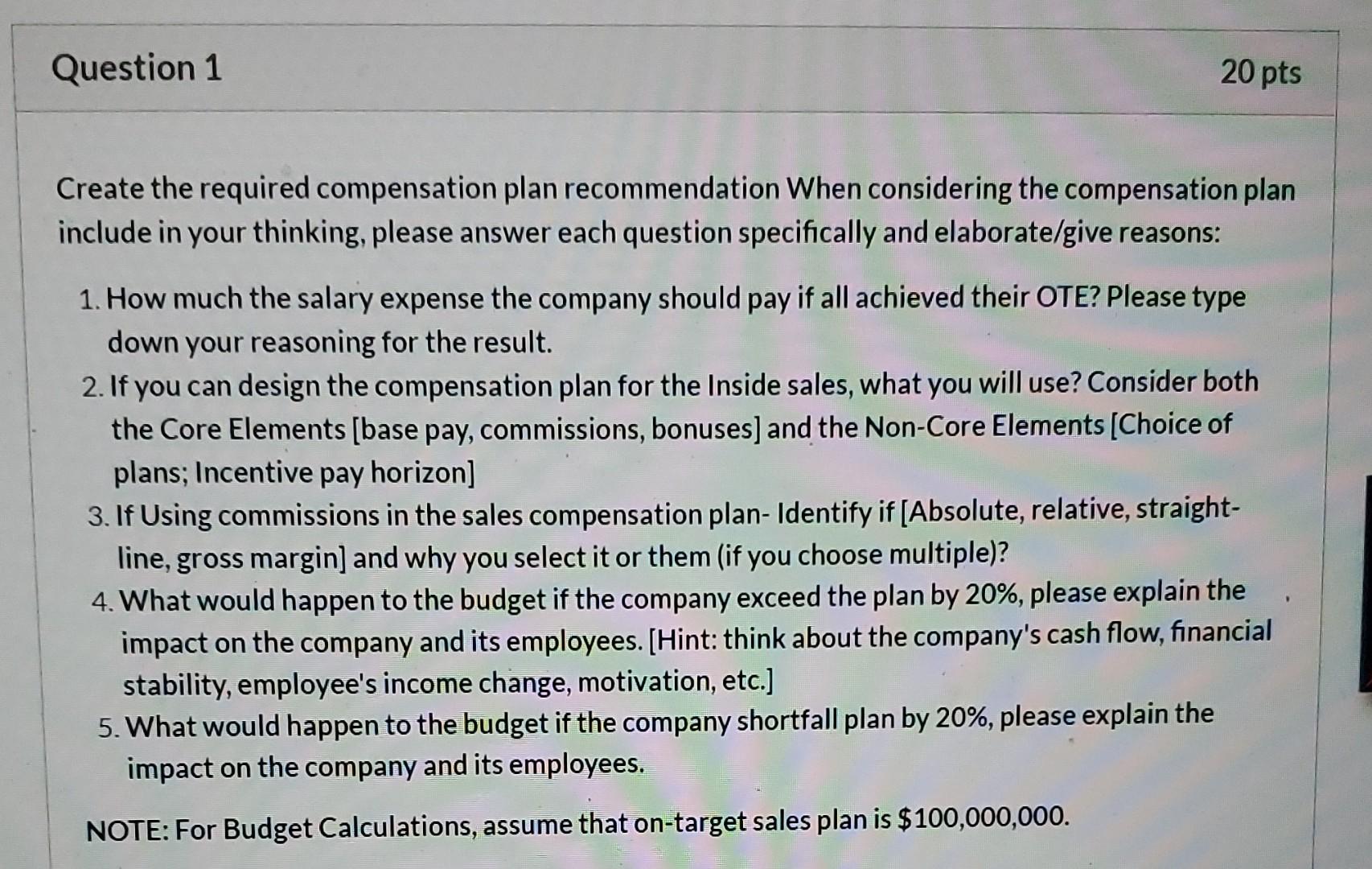 Question 1 20 pts Create the required compensation plan recommendation When