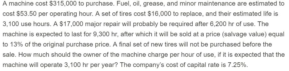 Construction Methods & Equipment A machine cost $315,000 to purchase. Fuel, oil,