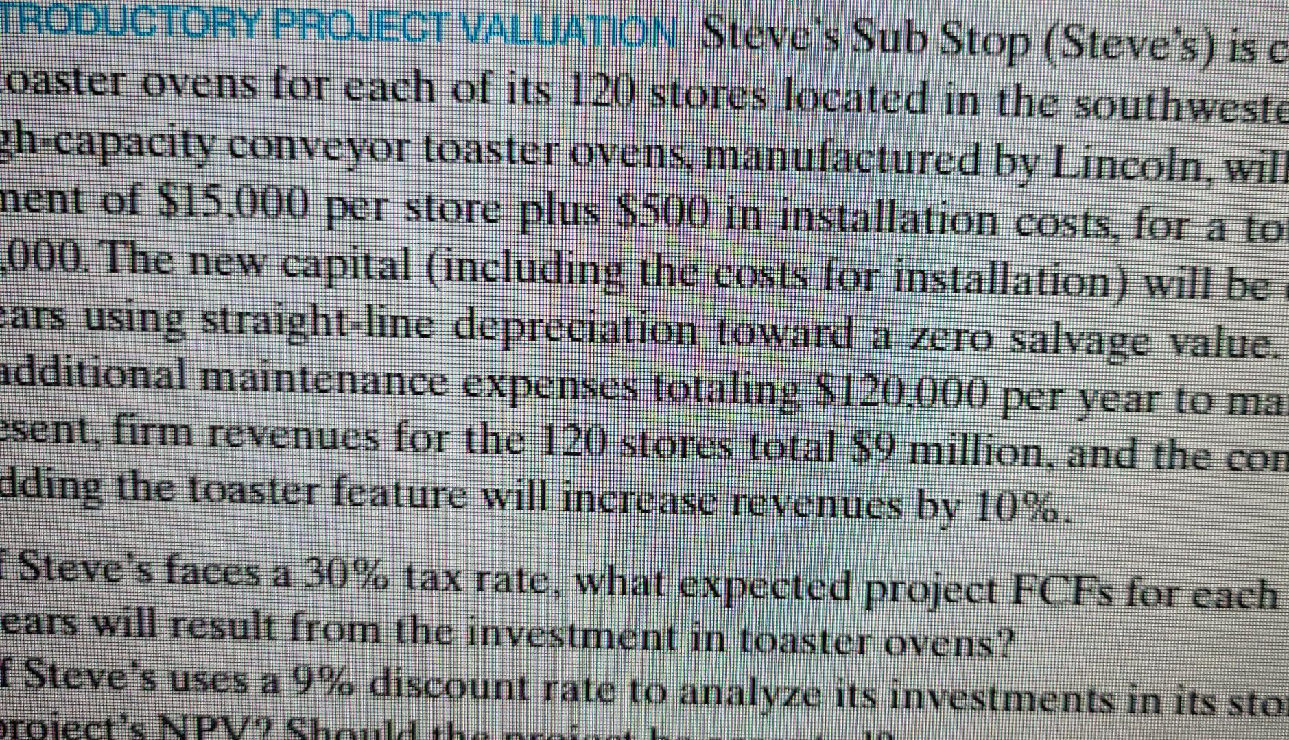 TRODUCTORY PROJECT VALUATION Steve's Sub Stop (Steve's) is c coaster ovens