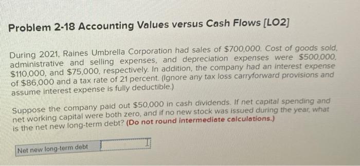  Problem 2-18 Accounting Values versus Cash Flows [LO2] During 2021. Raines