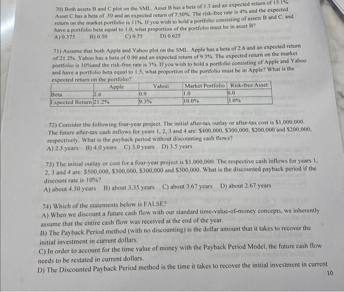  70) Both assets B and C plot on the SML. Asset