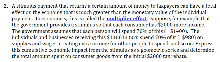  2. A stimulus payment that returns a certain amount of money
