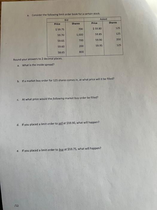  a. Consider the fallowing limit order book for a certain stock.