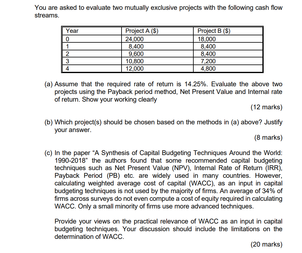 You are asked to evaluate two mutually exclusive projects with the