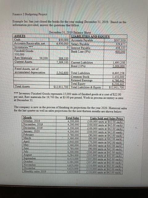  Finance 2 Budgeting Project Example Inc. has just closed the books