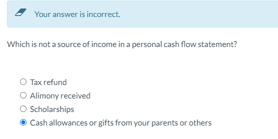 Your answer is incorrect. Which is not a source of income