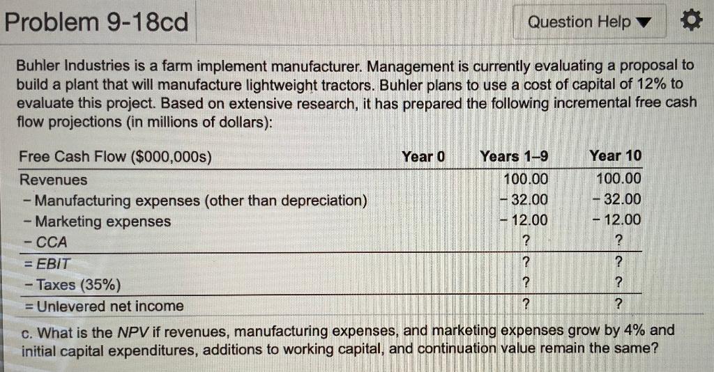 Problem 9-18cd Question Help Buhler Industries is a farm implement manufacturer.