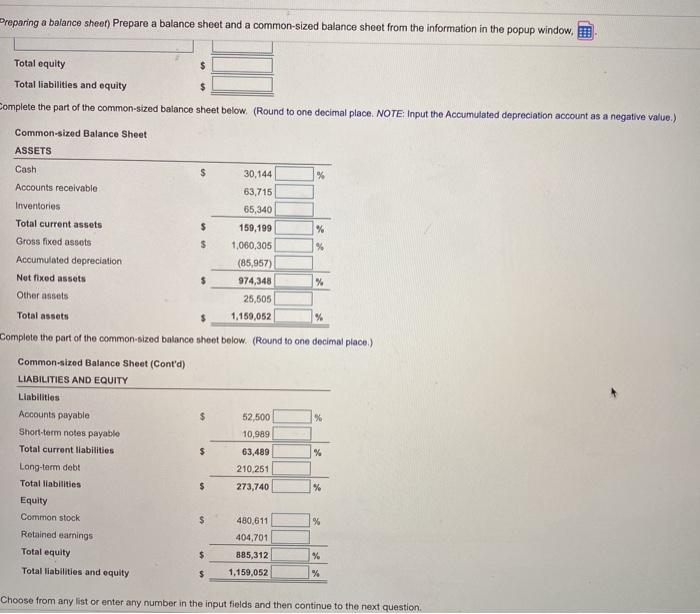 balance sheet from the information in the popup Window, I Complete the