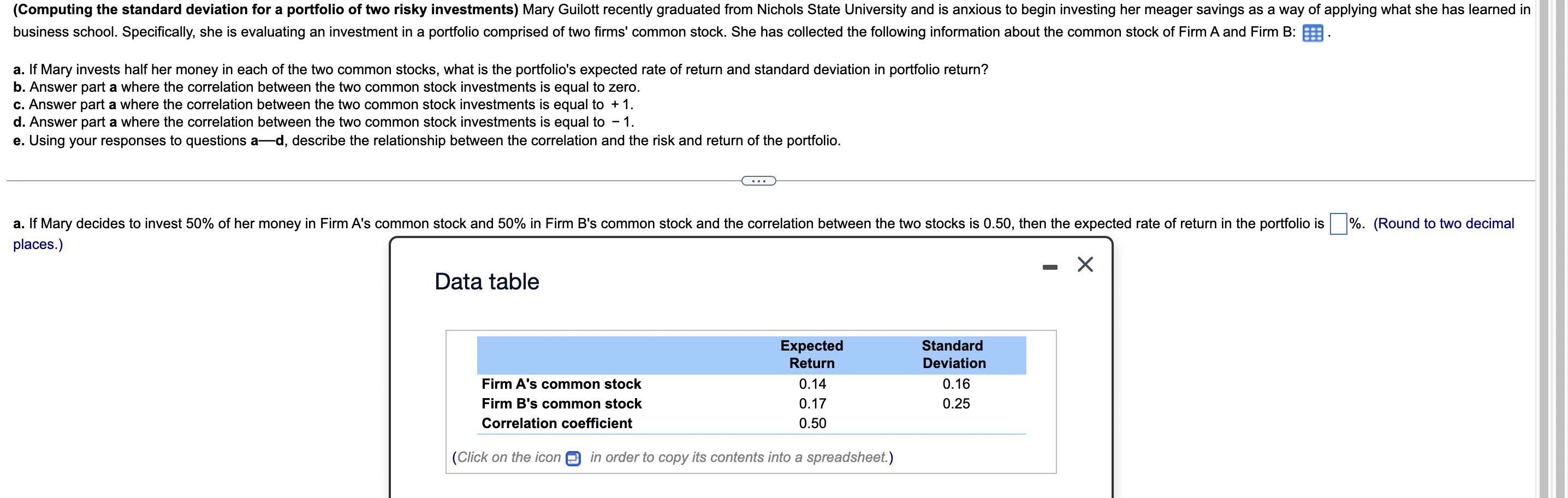 (Computing the standard deviation for a portfolio of two risky investments)