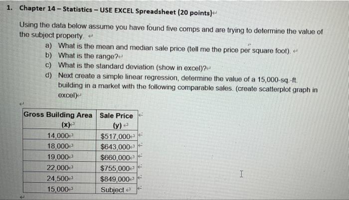  1. Chapter 14 - Statistics - USE EXCEL Spreadsheet (20 points)