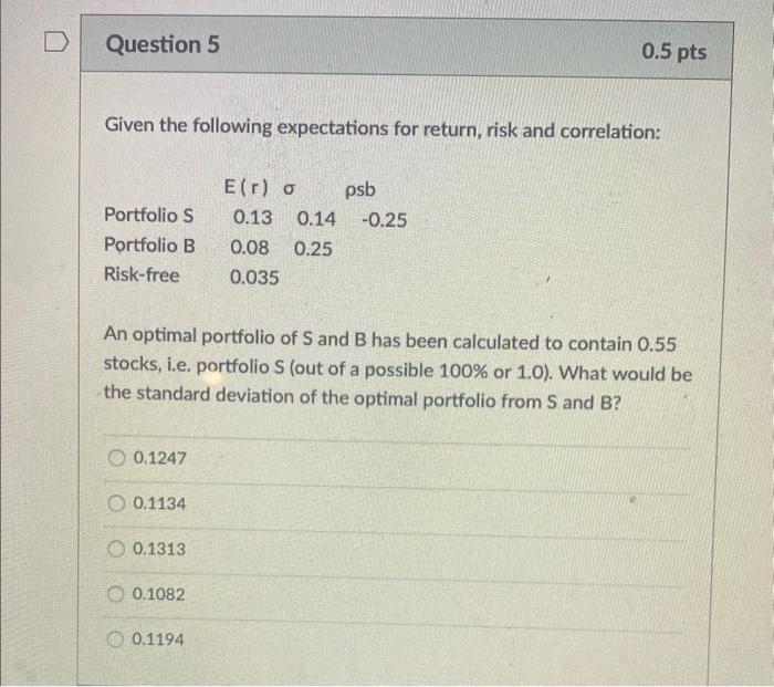  Given the following expectations for return, risk and correlation: An optimal