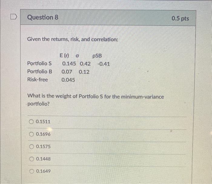  Given the returns, risk, and correlation: What is the weight of