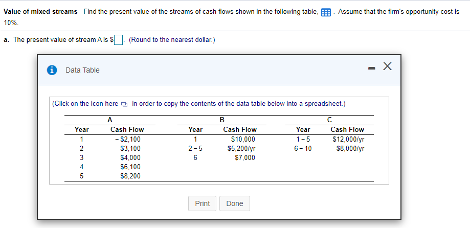  Please find PV for streams A, B, and C Assume that