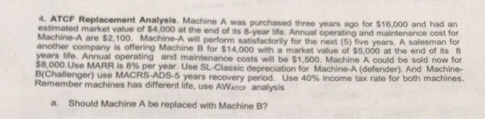  4. ATCF Replacement Analysis. Machine A was purchased three years ago