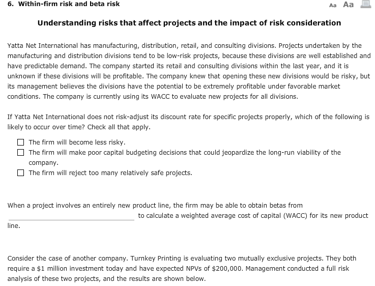 6. Within-firm risk and beta risk Aa Aa E Understanding risks