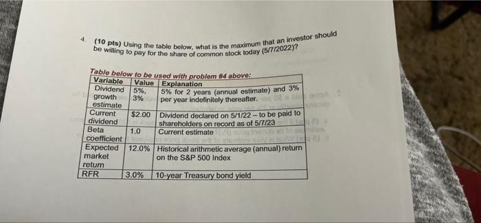  4 (10 pts) Using the table below, what is the maximum