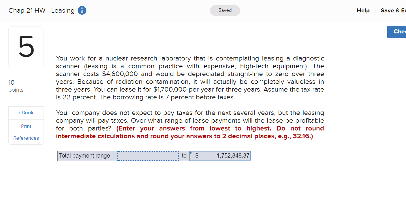 Chap 21 HW - Leasing i Saved Help Save & EX