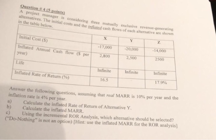  Question #4 (5 points) project manager alternatives. The in the table
