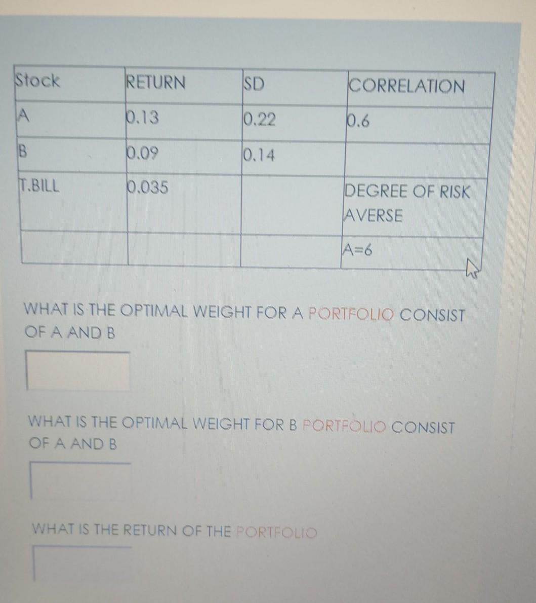  help me Stock RETURN SD CORRELATION A 0.13 0.22 10.6 B