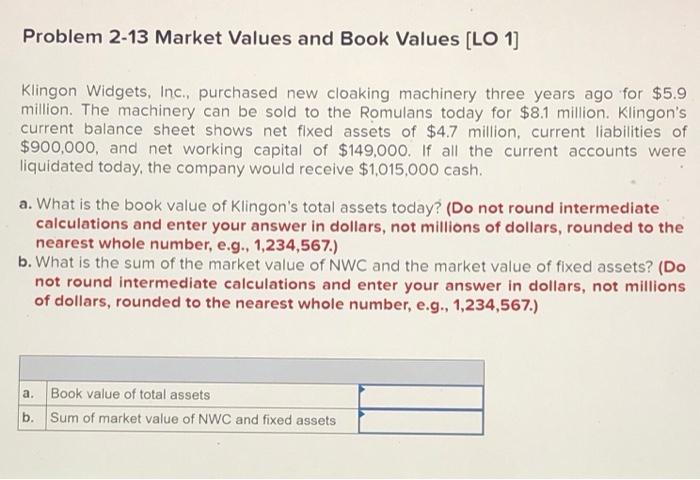  Problem 2-13 Market Values and Book Values (LO 1) Klingon Widgets,