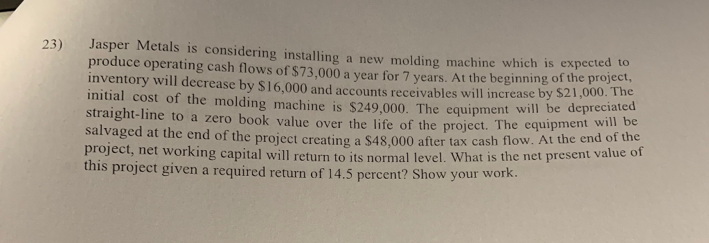 Jasper Metals is considering installing a new molding machine which is