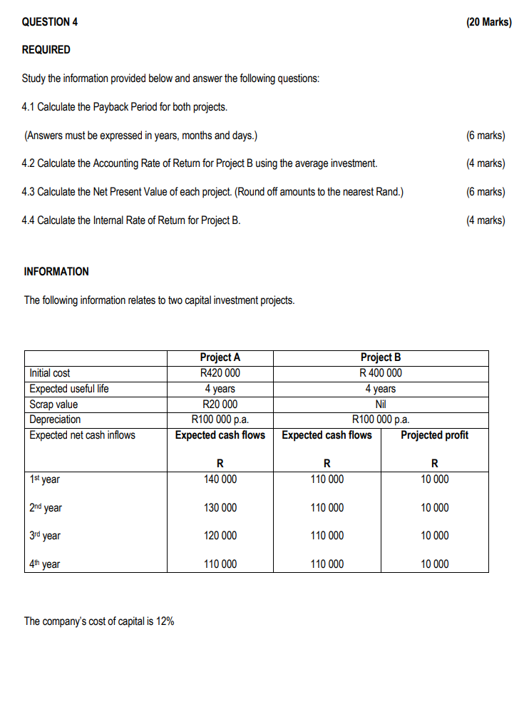 QUESTION 4 (20 Marks) REQUIRED Study the information provided below and