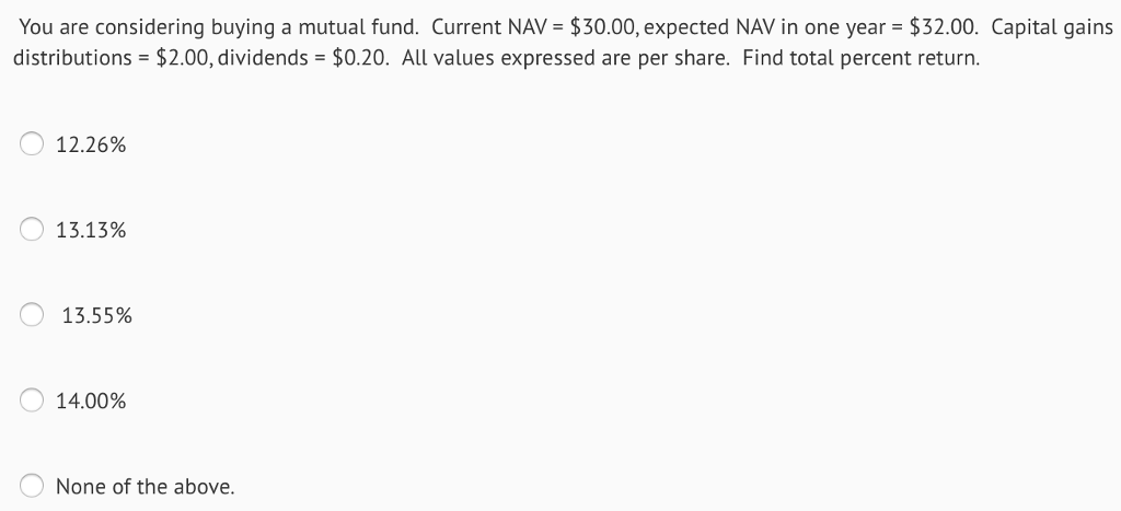 You are considering buying a mutual fund. Current NAV = $30.00,