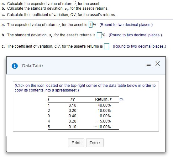 Expected return, standard deviation, and coefficient of variation a. Calculate the expected