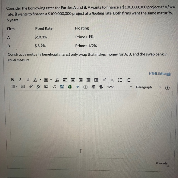  Consider the borrowing rates for Parties A and B. A wants