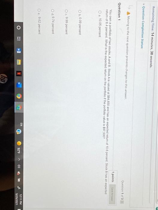  Remaining Time: 14 minutes, 38 seconds, Question Completion Status: Moving to