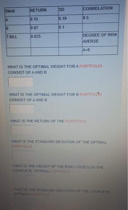  Stock RETURN SD CORRELATION 0.15 A 0.19 10.5 B 0.07 0.1