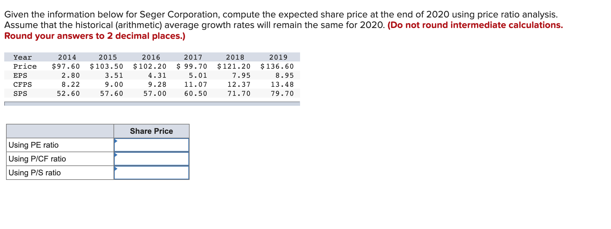  Given the information below for Seger Corporation, compute the expected share