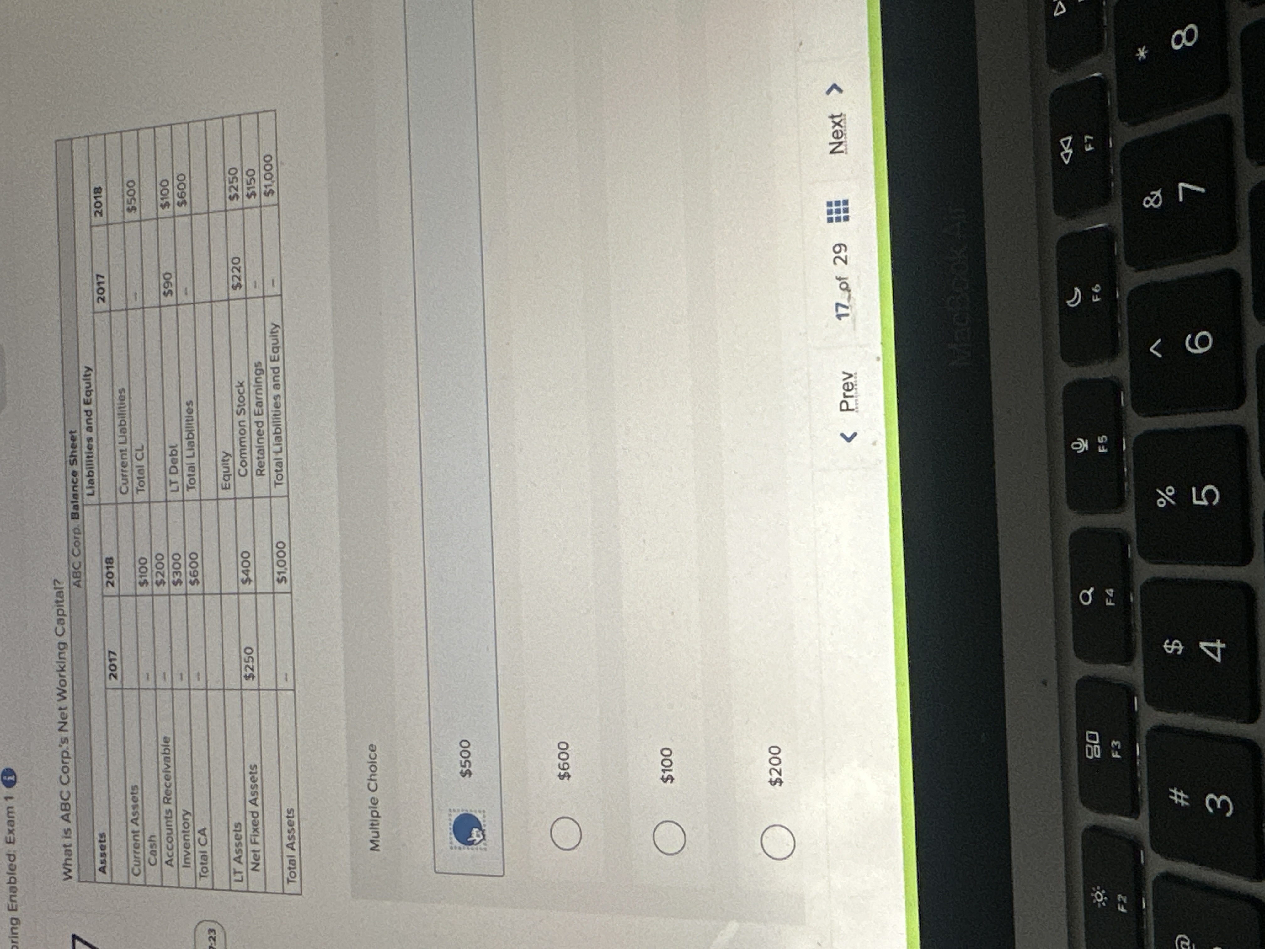  What is ABC Corp.'s Net Working Capital? Multiple Choice on $500