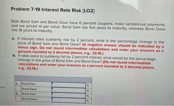  Problem 7-19 Interest Rate Risk (LO2] Both Bond Sam and Bond
