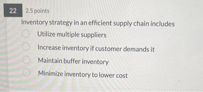  Inventory strategy in an efficient supply chain includes Utilize multiple suppliers