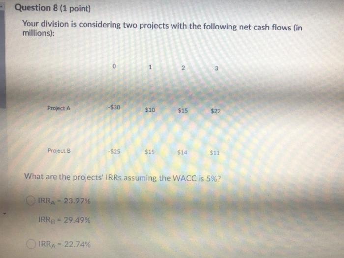 is considering two projects with the following net cash flows (in millions):