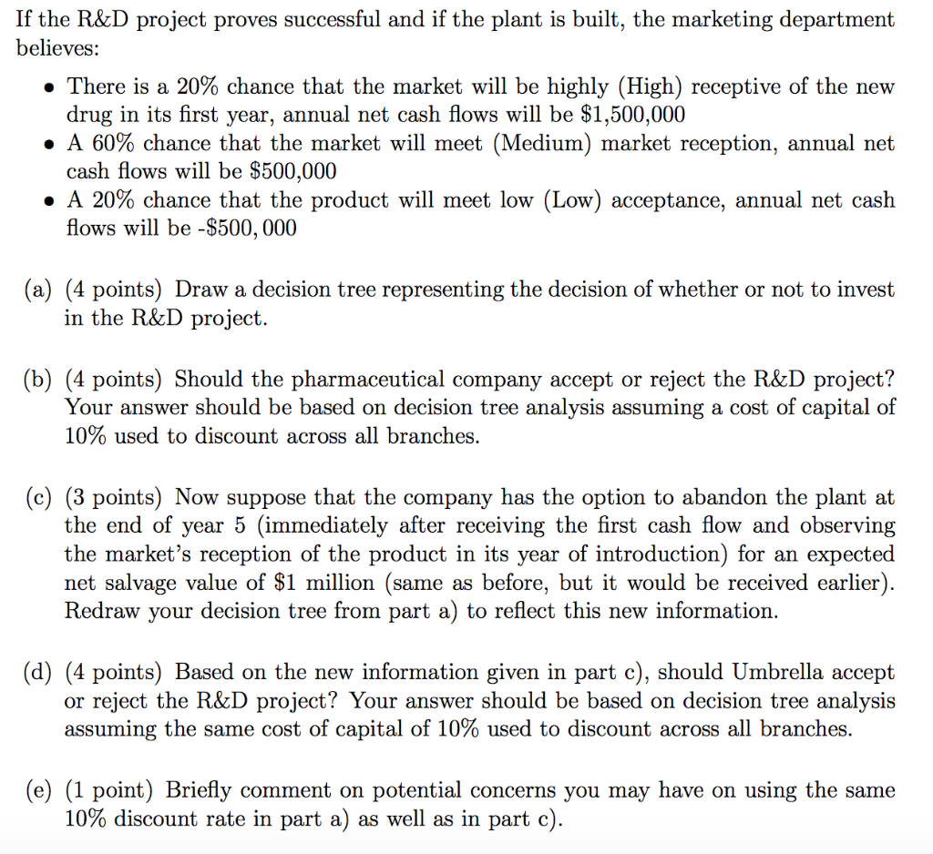 Umbrella Corp (UC), a pharmaceutical company, is evaluating a 3-year R&D proposal