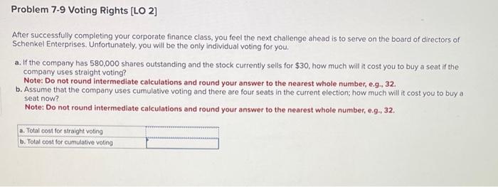  Problem 7-9 Voting Rights [ LO2] After successfully completing your corporate