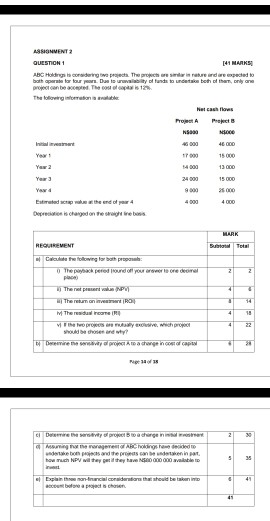 QUESTION 1 [41 MARKS] ABC Holdings is considering two projects. The projects