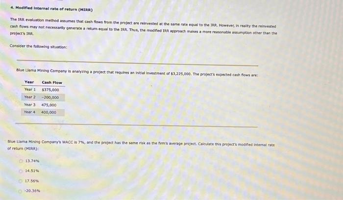 please help me figure this out!! 4. Modifled Internal rate of return