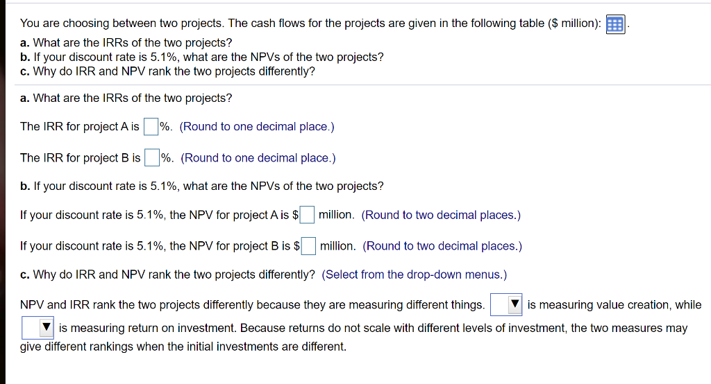  You are choosing between two projects. The cash flows for the