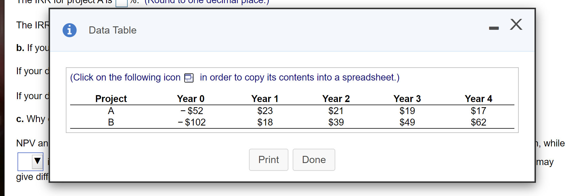 projects are given in the following table ($ million): a. What are