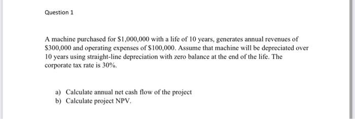  Question 1 A machine purchased for $1,000,000 with a life of
